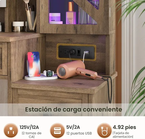 Miniatura 3 de AOGLLATI Escritorio de tocador de granja con espejo y luces, juego de tocador de maquillaje con luces, armario de joyería y 5 cajones, mesa