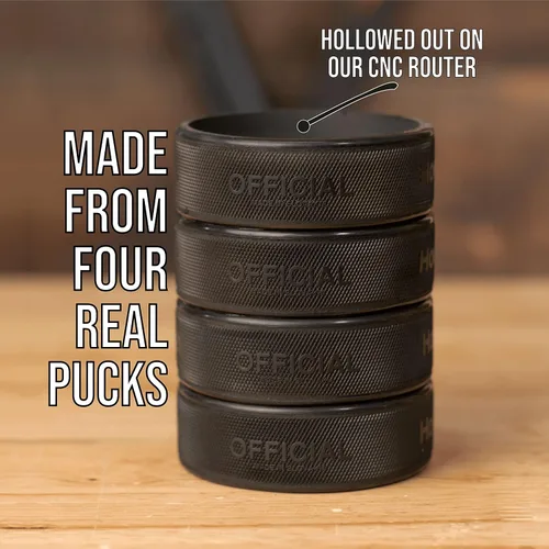 Miniatura 6 de Enfriador de latas de cerveza hecho de 4 discos de hockey sobre hielo reales, soporte aislado de 12 onzas para regalos de papá de hockey