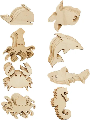 Paquete de 48 recortes de madera sin terminar con formas de animales marinos del océano, pulpo, tiburón, ballena, delfín, tortuga, cangrejo,