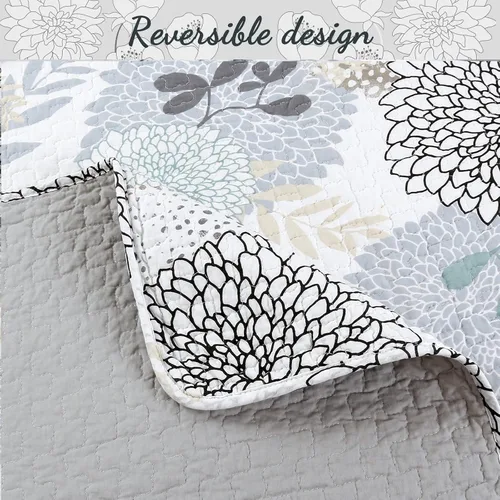 Miniatura 6 de Cozy Line Home Fashions Nina Trista Flowers - Juego de ropa de cama reversible 100% algodón con cinta azul aguamarina, estampado floral gris, colcha