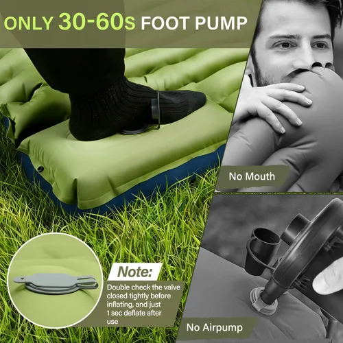 Miniatura 6 de FUN PAC Colchoneta de dormir para camping, ultraligera con almohada, bomba de pie integrada, almohadillas inflables compactas para acampar, Verde