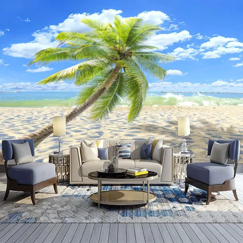 Papel tapiz fotográfico 3D de árbol de coco de playa, papel tapiz con vista al mar, decoración de pared para sala de estar, dormitorio, fondo de