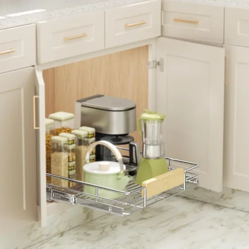 Miniatura 7 de LOVMOR Organizador de gabinete extraíble con mango de madera, 16½ pulgadas de ancho x 21½ pulgadas, organizador deslizante para cocina, despensa 1