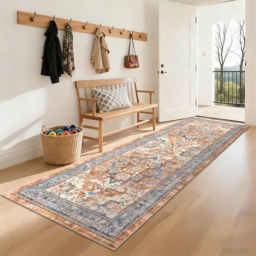 Miniatura 14 de Bsmathom Alfombra de pasillo para pasillos, antideslizante, lavable, estilo bohemio, 2 x 6 pies, alfombra de pelo bajo, alfombra vintage para Rojo