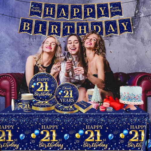 Miniatura 4 de Decoración de cumpleaños número 21 para hombre, juego de vajilla de cumpleaños azul marino y dorado de 142 piezas (reserva para 20), incluye