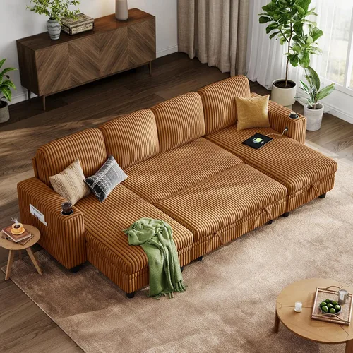 Miniatura 31 de LINSY HOME - Sofá cama extraíble modular con sección para dormir, con almacenamiento, sofá seccional de pana mullida para sala de estar, sofá cama