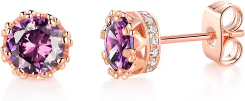 Miniatura 7 de MDFUN Aretes chapados en oro rosa para mujer, 0.236 in, corona brillante redonda, piedra natal, regalo de cumpleaños