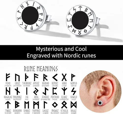 Miniatura 7 de ChicSilver Pendientes de tuerca de plata de ley 925 con runa vikinga de ónix negro natural para mujeres y hombres