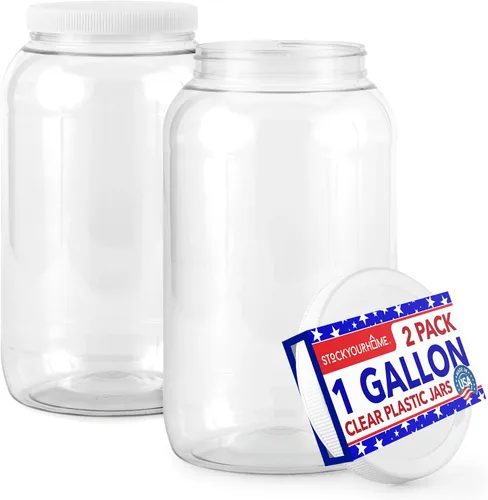 Stock Your Home Tarros de plástico transparente de 1 galón con tapas (paquete de 2) tarro grande de boca ancha de 128 onzas con tapa, recipiente