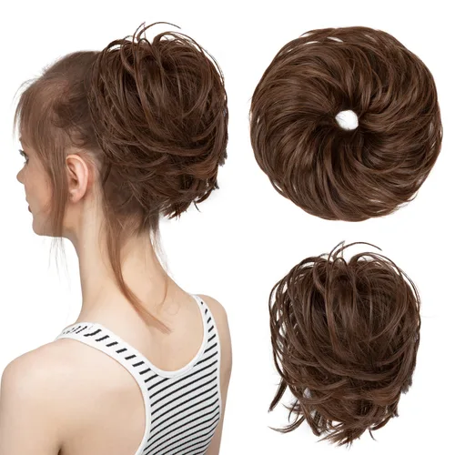 Miniatura 25 de CJL HAIR - Extensión de cabello tipo coletero de chongo desordenado, rizado, sintético, con colas rectas, scrunchies para peinados de moño