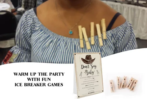 Miniatura 3 de Cowboy Don't Say Baby Game (1 letrero y 50 mini pinzas naturales para la ropa) Juego de Don't Say Baby Shower, decoraciones de baby shower