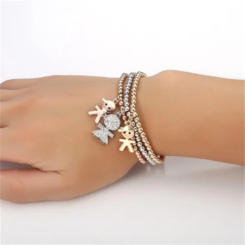 Miniatura 3 de Pulseras multicapa con dijes de cristal, 3 unidades, oro y plata, oro rosa, pulsera elástica en forma de corazón para mujer, árbol de la vida
