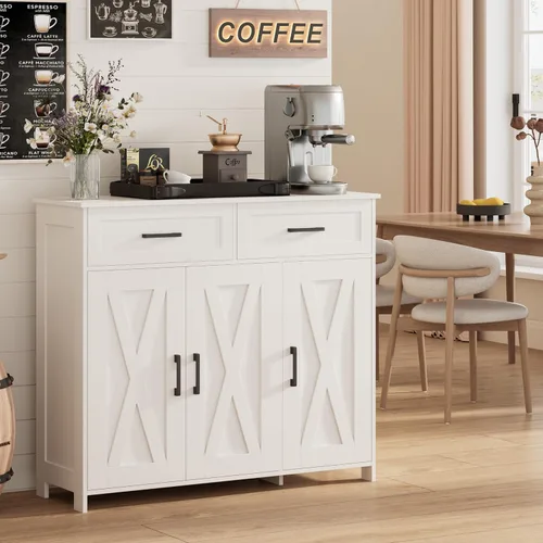 Miniatura 13 de Homhedy Aparador de buffet, gabinete de almacenamiento de barra de café con cajones y puertas, armario de cocina de granja con estantes ajustables