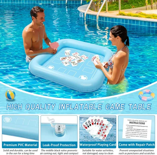 Miniatura 3 de Mesa flotante para juego de billar con cartas impermeables, mesa flotante de 35.5 x 35.5 pulgadas para piscina, mesa de juego flotante inflable