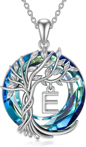 TOUPOP Collar con inicial de árbol de la vida para mujer, plata de ley 925 con dije de letra A a Z con dije de inicial con cristal de círculo azul