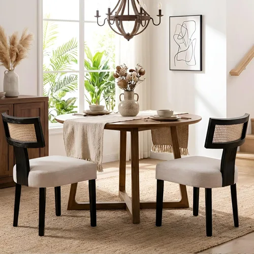 HNY Juego de 2 sillas de comedor de ratán modernas de mediados de siglo, silla decorativa tapizada de lino de granja, sillas de cocina con respaldo