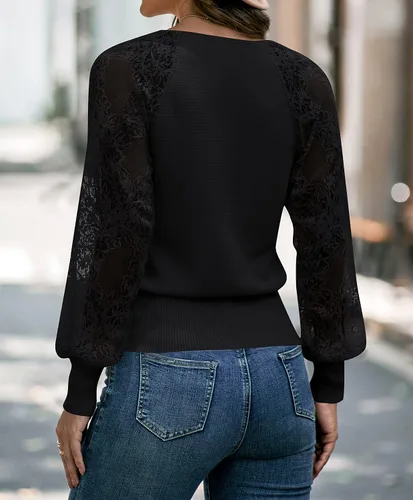 Miniatura 4 de ZESICA Women's 2023 Fall V Neck Lace Patchwork Solid Color Long Sleeve Casual Knit Pullover Sweater Tops