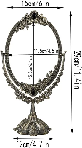 Miniatura 3 de Guppy Espejo de maquillaje vintage de metal pequeño, espejo cosmético ovalado de mesa floral, espejo cosmético giratorio vintage de doble cara