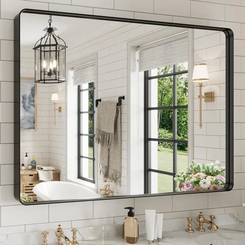 Miniatura 26 de WEER - Espejo de baño dorado, espejo de 40x32 pulgadas con marco de metal dorado cepillado, espejo de tocador de baño de oro para pared