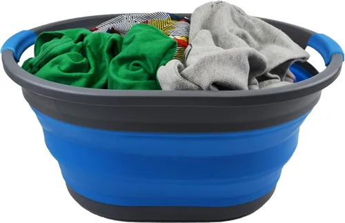 Miniatura 5 de SAMMART Cesta de plástico plegable de 32 L (8.4 galones) - Contenedor/organizador de almacenamiento plegable - Tina de lavado portátil - gris/azul