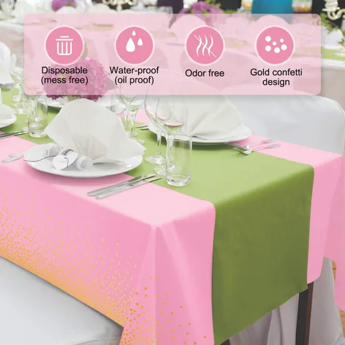 Miniatura 5 de HOMIX Manteles de plástico rosa y dorado para mesas rectangulares, paquete de 6 manteles desechables de fiesta, fundas de mesa de confeti de punto