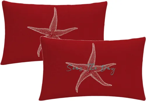 Miniatura 14 de Juego de 2 fundas de almohada con diseño de mar y estrella de mar sobre fondo azul marino, rectangular, para la cintura, diseño de mar costero
