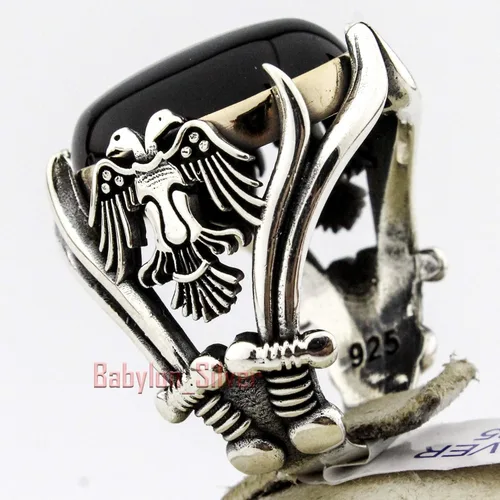 Miniatura 3 de Anillo de hombre de águila de lujo hecho a mano con piedra de ónix de plata de ley 925 maciza