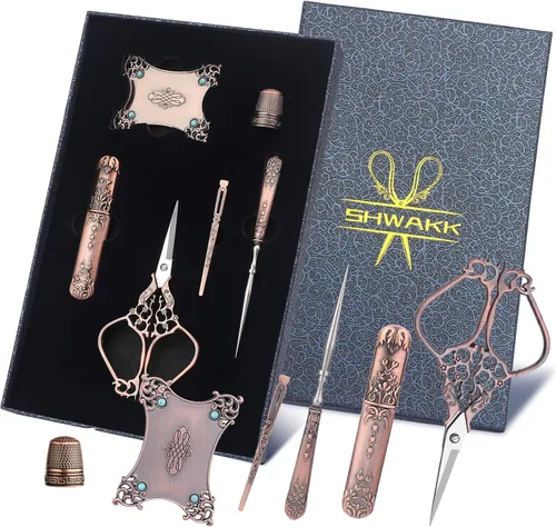 Miniatura 8 de SHWAKK Kit de tijeras de bordado, tijeras vintage con estilo europeo, kit de costura vintage para manualidades, costura, herramientas artesanales