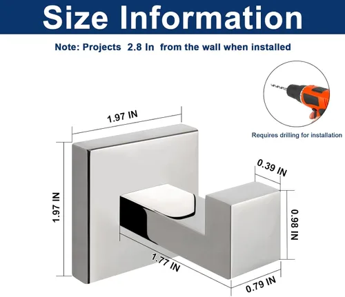 Miniatura 2 de NearMoon Ganchos cuadrados para toallas de baño -SUS304 de acero inoxidable para colgar batas, ganchos resistentes para baño, sala de estar, hotel