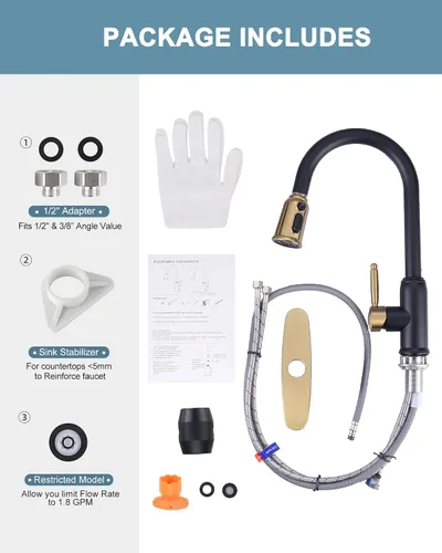 Miniatura 6 de Grifo de cocina de oro negro con rociador: WOWOW Grifo de fregadero de cocina de acero inoxidable 304 para 1 o 3 agujeros, llave mezcladora de arco
