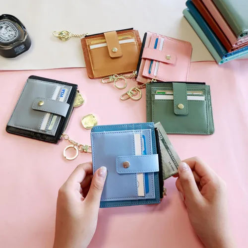 Miniatura 6 de Deziliao Funda delgada para tarjetas de crédito con bloqueo Rfid para mujer, cartera con cremallera, cartera pequeña y compacta de cuero