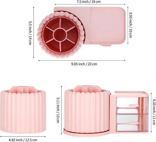 Miniatura 4 de Organizador de Maquillaje para Encimera, Soporte Giratorio 360° para Brochas de Maquillaje con 2 Cajones, Pequeño Organizador Preppy 9.25x5.11