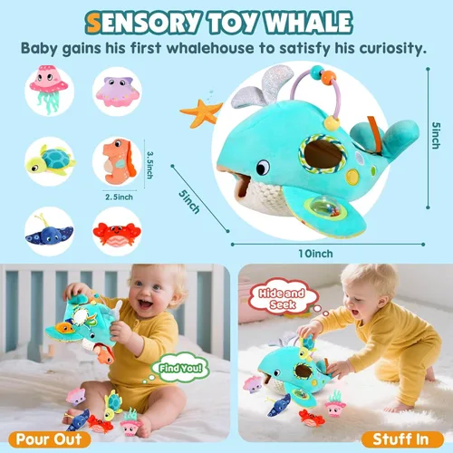 Miniatura 2 de FREYBLI Juguetes para bebés de 6 a 12 meses - Juguetes suaves de aventura oceánica con sonajero, papel crujiente, silbato, espejo - Juguetes Azul