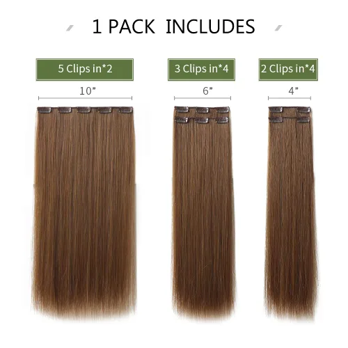 Miniatura 4 de Extensiones de cabello castaño lacio, 2 juegos de extensiones de cabello con clip para mujeres, Halloween, 5 piezas de 22 pulgadas, piezas