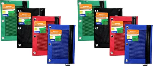 Miniatura 10 de BAZIC Products Estuche para lápices de 3 anillos con agujeros de anillos reforzados con remaches, bolsas de malla de colores surtidos con cremallera