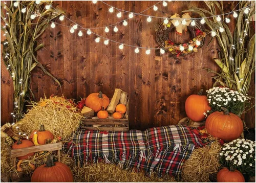Fondo de fotos de otoño para fotografía Fondos de otoño para sesión de fotos Tablero de madera Haystack Fondo de calabaza 8x6FT 12480