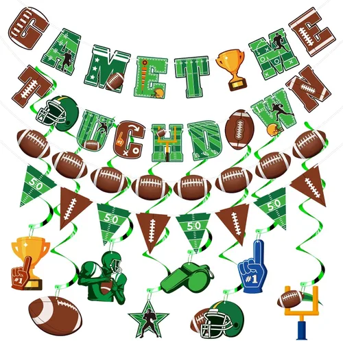 Decoraciones de remolinos colgantes de fútbol americano, suministros de pancarta de cumpleaños que incluyen banderines de tiempo de juego, espirales
