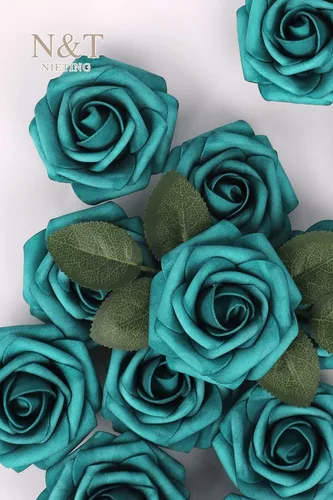 Miniatura 404 de N&T NIETING Flores artificiales, rosas artificiales de color rosa intenso, 50 piezas de flores falsas con tallo para ramos de boda DIY, centros