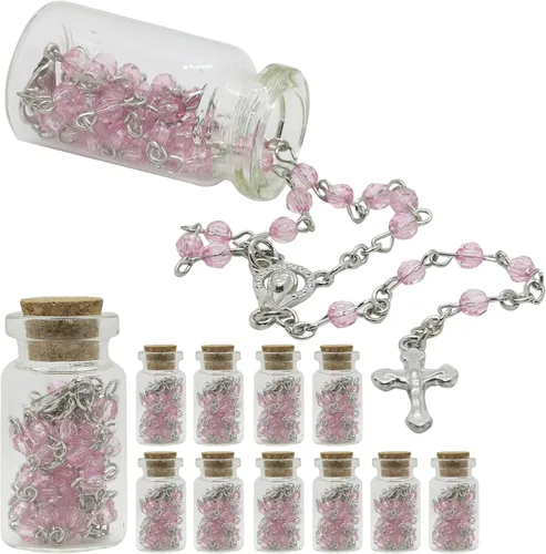 Recuerdos de bautismo (12 piezas) Rosario de la Sagrada Comunión en tarro de botella de vidrio Recuerdos de Bautizo Quinceañera Perla rosa Bautizo