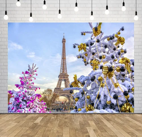 Miniatura 2 de Telón de fondo de Navidad en París de 5 x 3 pies, torre Eiffel, árboles de Navidad, decorado, fotografía, fondo de fotografía, paisaje de nieve