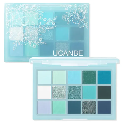 UCANBE Paleta de sombras de ojos de 15 colores – Kit de maquillaje para ojos con brillo mate, purpurina metálica, tonos frescos en blanco, azul,