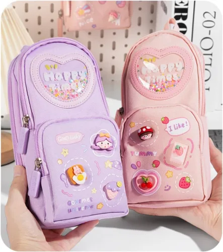 Miniatura 7 de Estuche de cartón lindo con diseño de oso y conejito de fresa, helado, 3 capas, gran capacidad, estuche organizador de cosméticos (rosa-1)