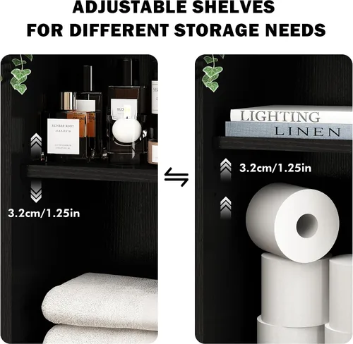 Miniatura 7 de RUSTOWN Armario de pared de ratán bohemio, gabinete de baño de mediados de siglo con puerta corredera, estantes ajustables, armario de Negro
