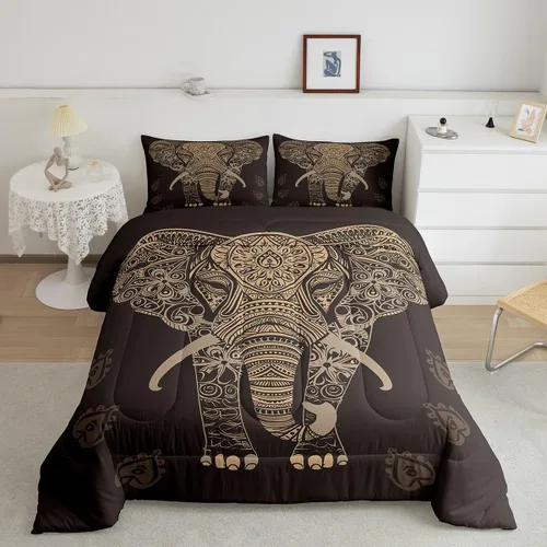 Feelyou Juego de edredón con estampado de elefante étnico para niñas y niños, edredón de elefante, estilo bohemio exótico, juego de ropa de cama