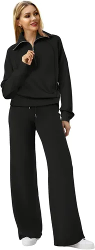Miniatura 2 de XIEERDUO Conjuntos de descanso para mujer 2023 sudadera de gran tamaño con media cremallera y pantalón deportivo de pierna ancha de 2 piezas