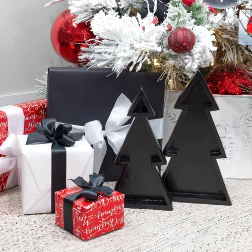 Miniatura 3 de AuldHome Design Bandejas de madera para árbol de Navidad (Juego anidado de 2, negro), bandejas decorativas de estilo rústico para servir en Navidad