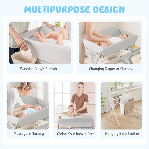 Miniatura 3 de BABY JOY Cambiador portátil para bebé, estación de cambio de pañales plegable con ruedas, altura ajustable, estante de almacenamiento grande, lavabo