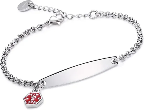 Miniatura 47 de LinnaLove - Pulsera de identificación de alerta médica con cadena Rolo simple pregrabada para mujer