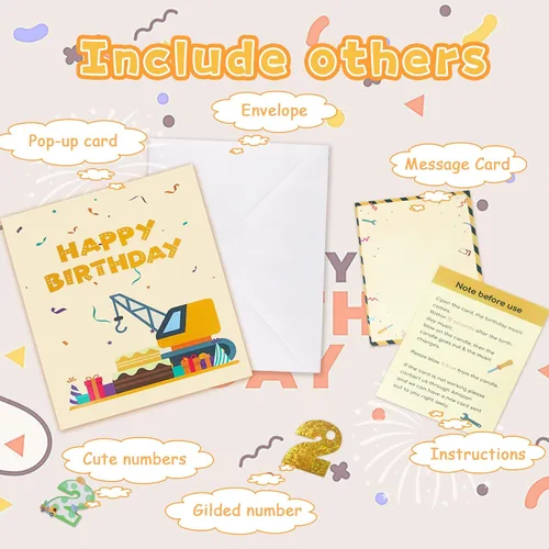Miniatura 5 de Tarjeta de felicitación emergente 3D para el 2do cumpleaños con luz y música, tarjeta de grúa y camión para niño, sobrino, nieto, hijo, niño 2nd
