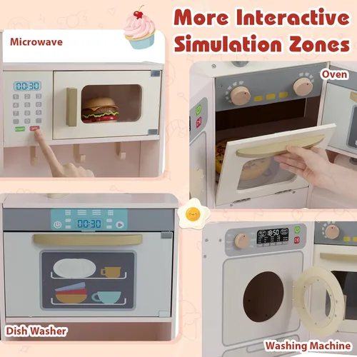 Miniatura 5 de Costzon Cocina de Juego de Esquina, Cocina Grande de Juego de Simulación con Luz y Sonido Reales, Bote de Basura Extraíble, Estufas, Microondas